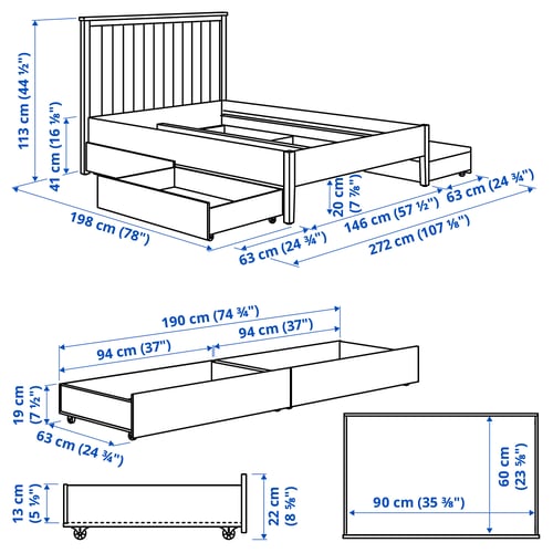 GULLABERG Base de cama+4 cajas almacenamiento, gris/Lönset, Tamaño full/doble