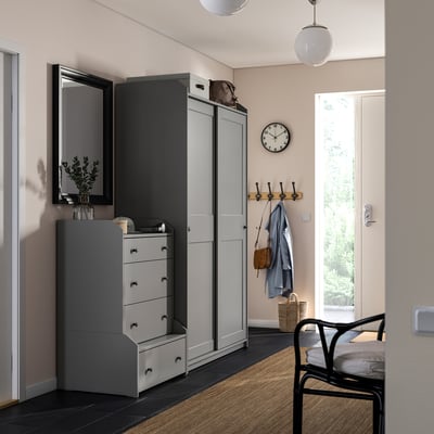HAUGA Combinación almacenamiento+cajones, gris, 74x21 5/8x78 3/8 "