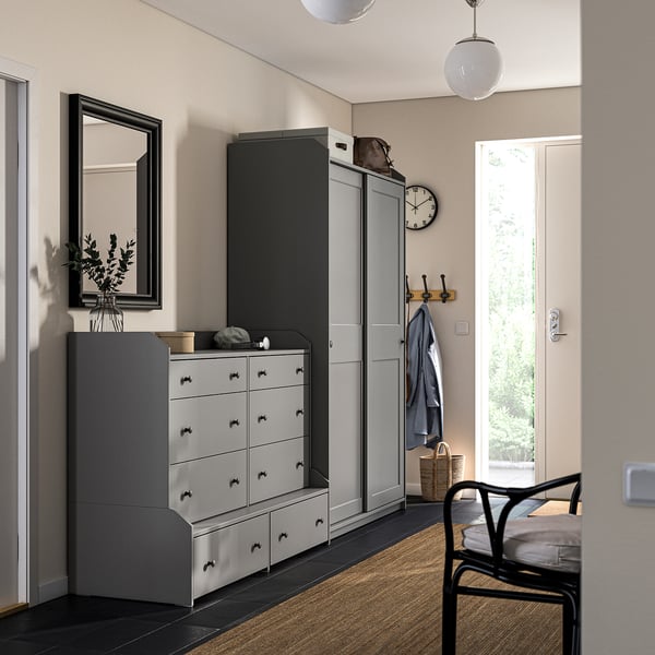 HAUGA Combinación almacenamiento+cajones, gris, 100 3/4x21 5/8x78 3/8 "