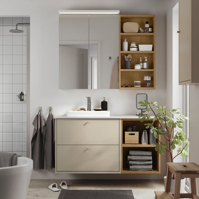 HAVBÄCK / ORRSJÖN Tocador de baño, beige/efecto roble/blanco efecto de mármol, 49x21 1/2x28 3/8 "