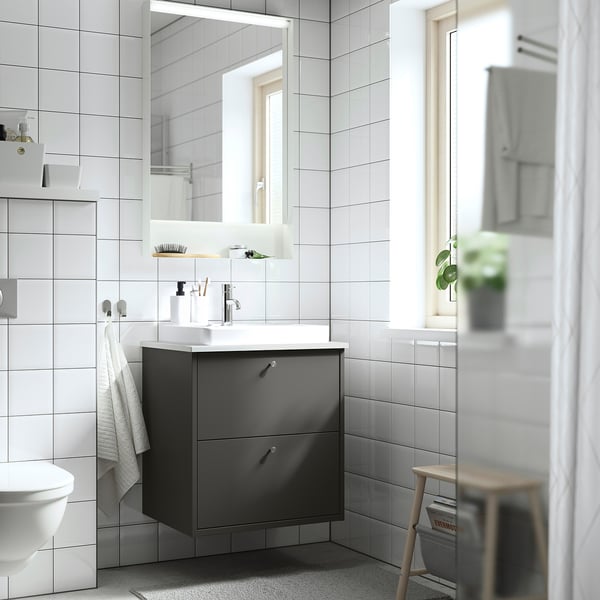 HAVBÄCK / ORRSJÖN Tocador de baño+cajones, gris oscuro/blanco efecto de mármol, 25x21 1/2x28 3/8 "