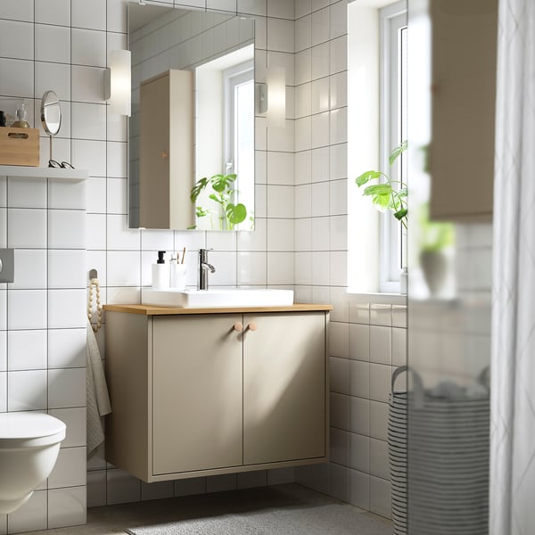 HAVBÄCK / ORRSJÖN Tocador de baño+puertas, beige/bambú, 31x21 1/2x28 3/8 "