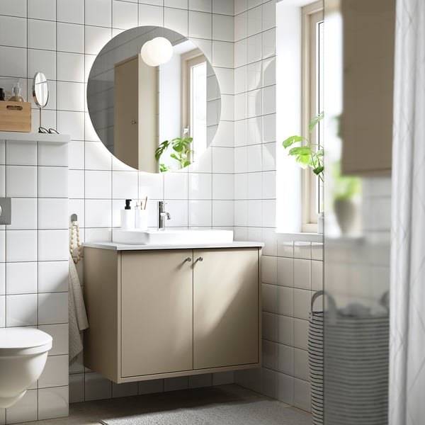 HAVBÄCK / ORRSJÖN Tocador de baño+puertas, beige/blanco efecto de mármol, 31x21 1/2x28 3/8 "