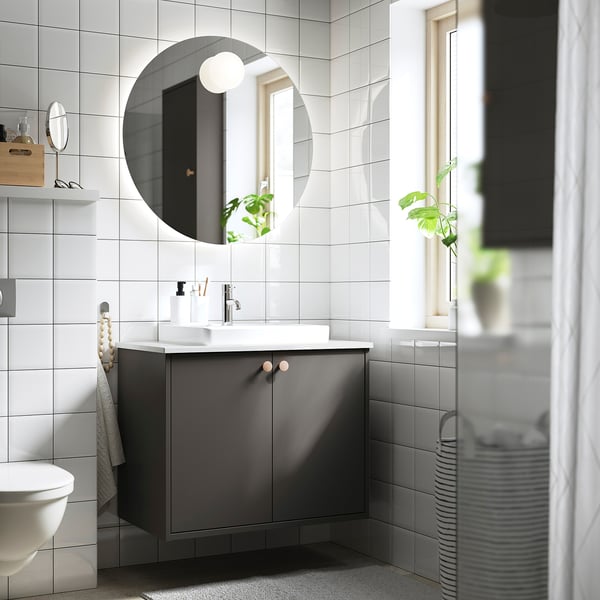HAVBÄCK / ORRSJÖN Tocador de baño+puertas, gris oscuro/blanco efecto de mármol, 31x21 1/2x28 3/8 "