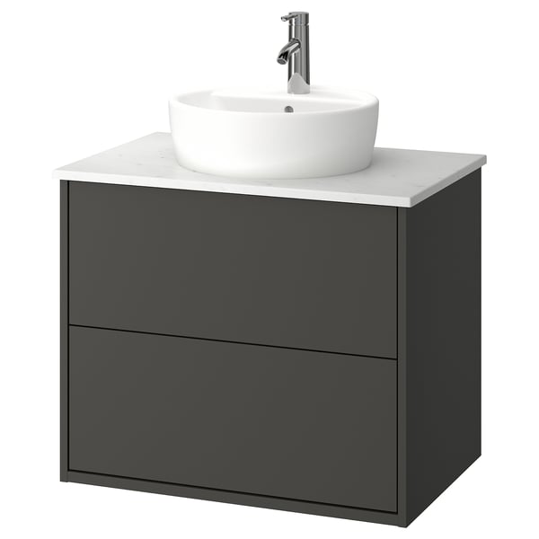 HAVBÄCK / TÖRNVIKEN Tocador de baño+lavamanos+grifo, gris oscuro/blanco efecto de mármol, 31x21 1/2x31 3/8 "