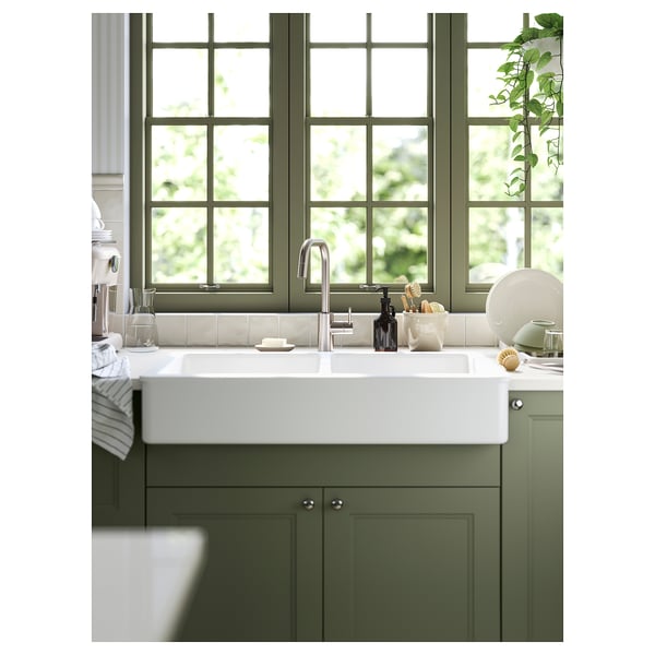 HAVSEN Fregadero doble+frente visible, blanco, 37x19 "