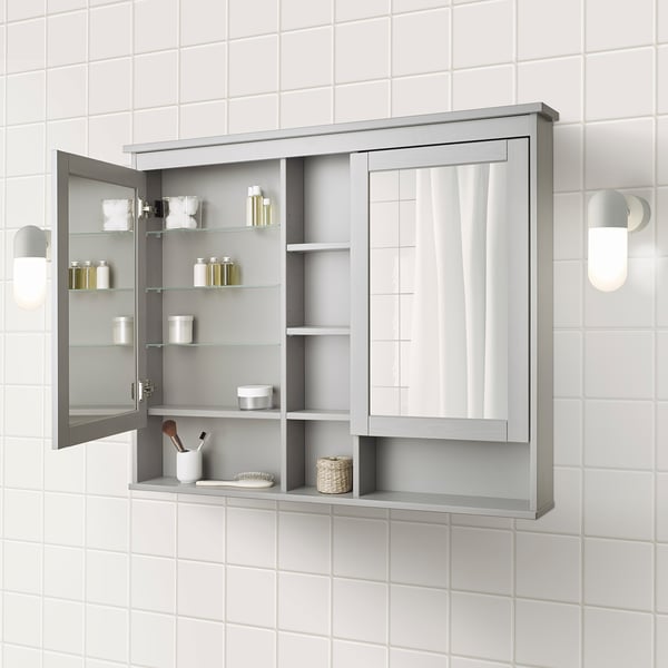HEMNES Gabinete de espejo+2 puertas, gris, 47 1/4x38 5/8 "