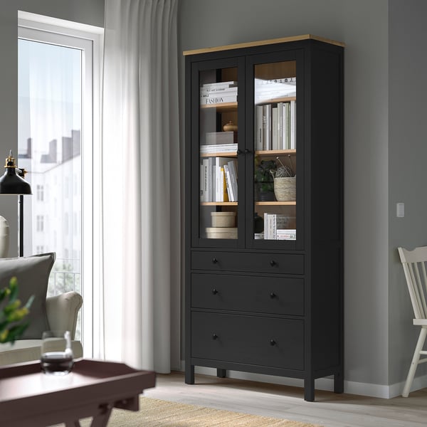 HEMNES Vitrina con 3 cajones, negro-marrón/marrón claro, 35 3/8x77 1/2 "