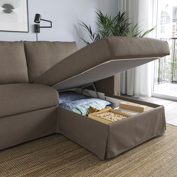 HYLTARP Sofá+chaise longue, derecha, Gransel marrón grisáceo