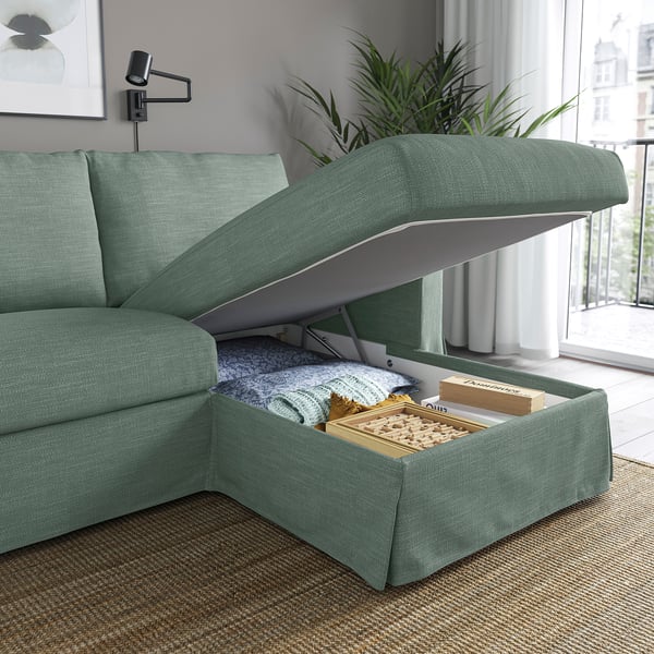 HYLTARP Sofá+chaise longue, derecha, Hemmesta gris-verde