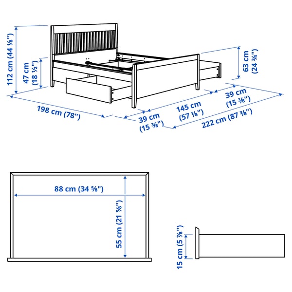 IDANÄS Base de cama+almacenamiento, blanco, Tamaño full/doble