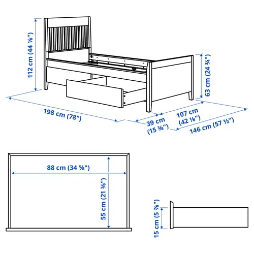 IDANÄS Base de cama+almacenamiento, blanco, Tamaño twin