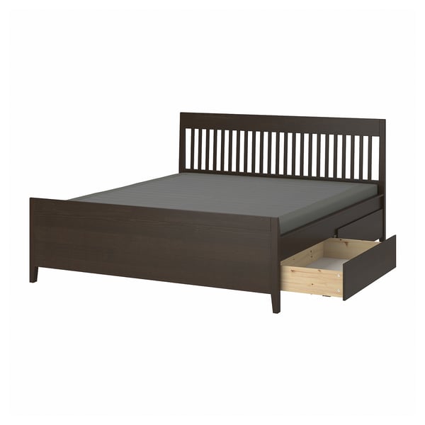 IDANÄS Base de cama+almacenamiento, marrón oscuro/Lyngör gris oscuro, Tamaño King