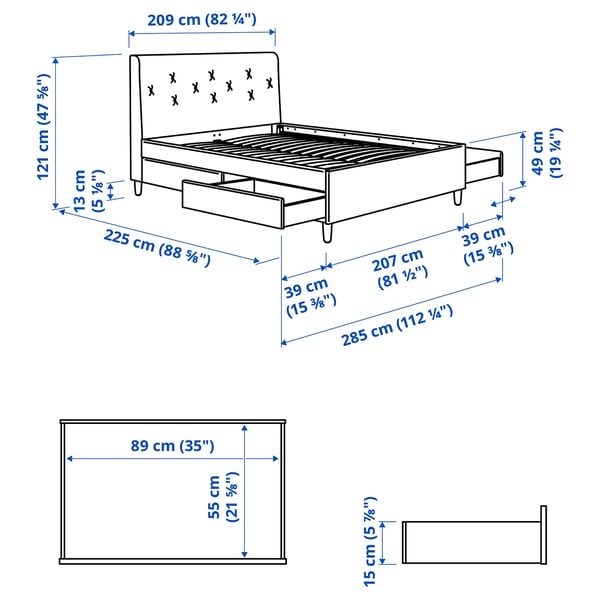 IDANÄS Cama tapizada+almacenaje, Gunnared gris oscuro, Tamaño King