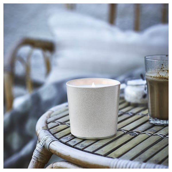JÄMLIK Vela aromática recipiente cerámica, Vainilla/beige claro, 50 hr