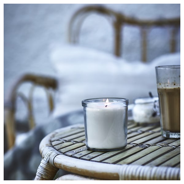 JÄMLIK Vela aromática recipiente de vidrio, Vainilla/beige claro, 40 hr