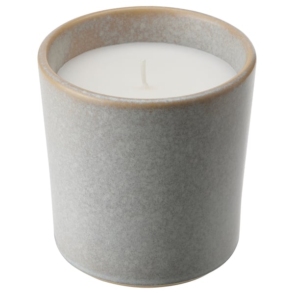 JÄMNMOD Vela aromática recipiente cerámica, Guisantes de olor/morado, 50 hr