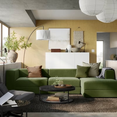 JÄTTEBO Sofá modular 4 plazas+chaise longue, derecha/Samsala verde amarillo oscuro