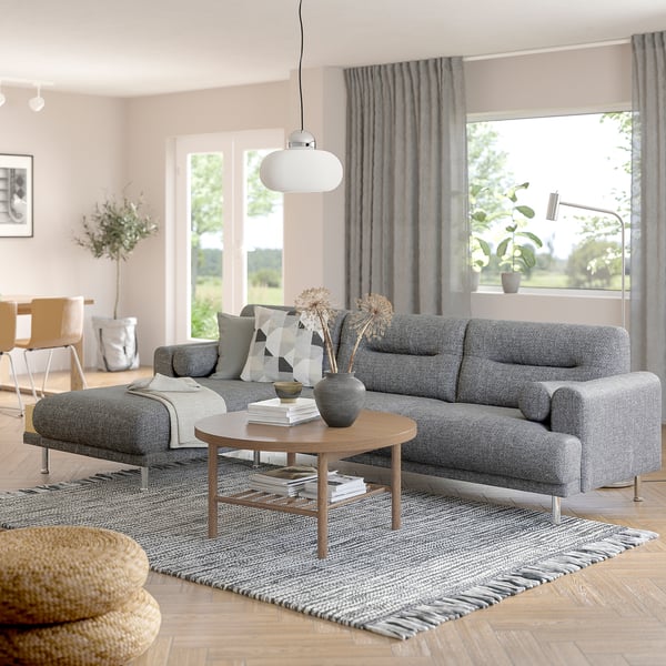 LÅNGARYD Sofá+chaise longue, izquierda, Lejde gris/negro/metal