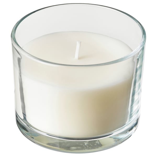 LOTSFÅGEL Vela aromática recipiente de vidrio, Ropa limpia blanco, 20 hr