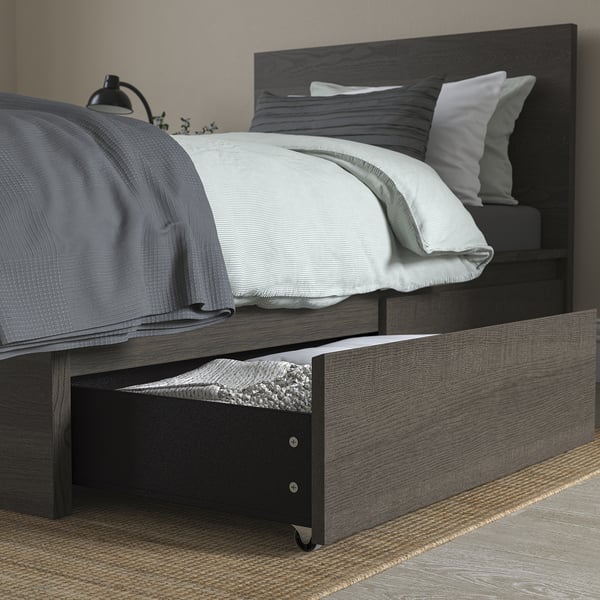 MALM Base cama alta+2 cjs almacenamiento, marrón oscuro chapa/Lönset, Tamaño twin