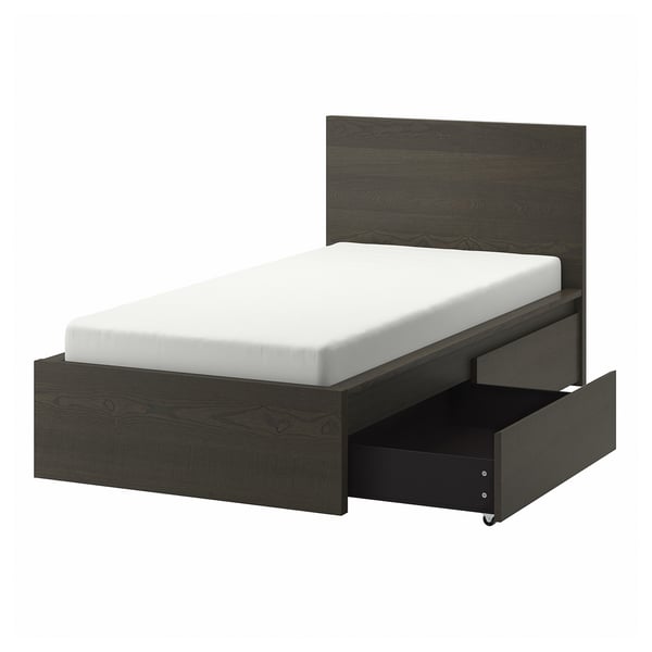 MALM Base cama alta+2 cjs almacenamiento, marrón oscuro chapa, Tamaño twin