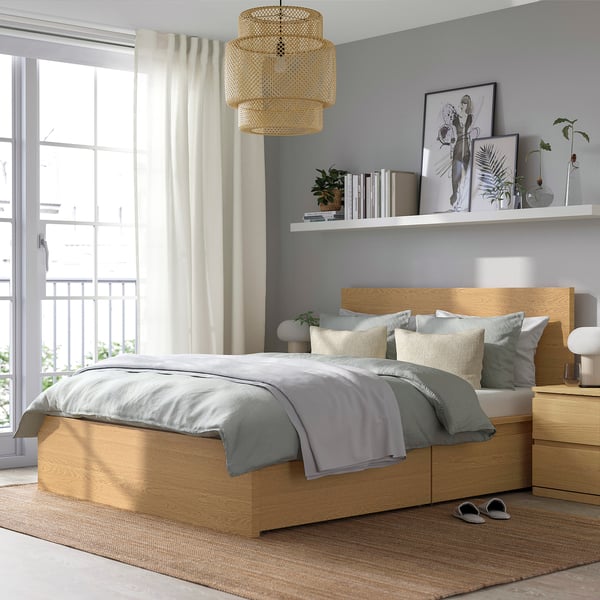 MALM Base de cama alta+4 cajas almcn, chapa de roble/Lönset, Tamaño queen