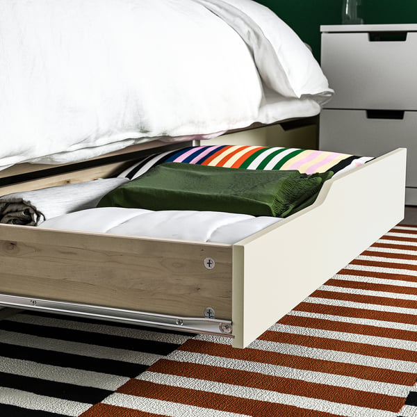 MANDAL Base de cama+almacenamiento, abedul/blanco, Tamaño queen