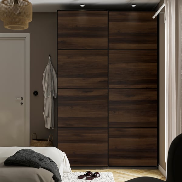 MEHAMN 4 paneles armz prta corrediza, marrón oscuro efecto de roble/efecto de roble, 29 1/2x92 7/8 "