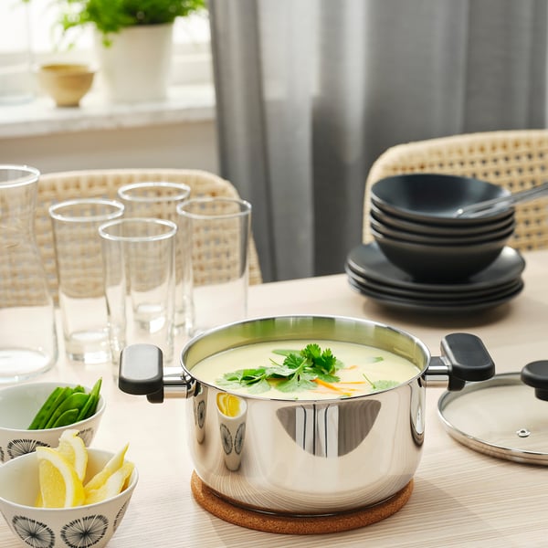 MIDDAGSMAT Olla con tapa, vidrio transparente/acero inoxidable, 3.2 qt