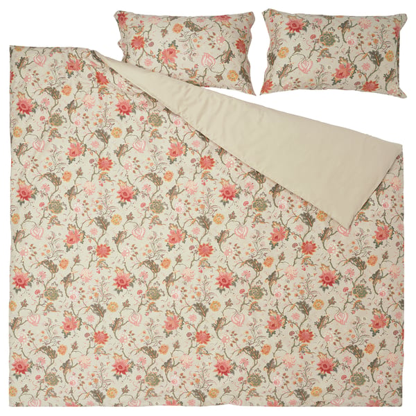 NÄSSELKLOCKA Funda nórdica+funda(s) de almohada, gris-beige claro/multicolor, Tamaño Full/Queen (Doble/Queen)