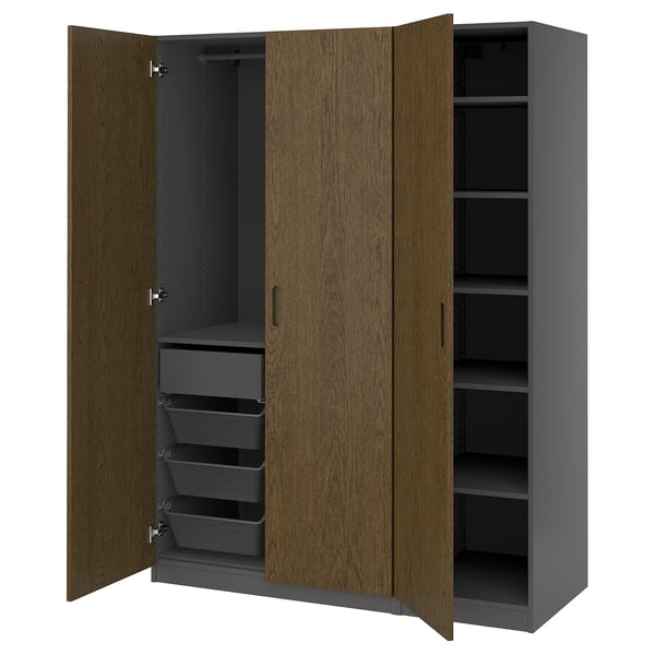 PAX / TONSTAD Combinación de armario, gris oscuro/marrón chapa de roble teñida, 59x23 5/8x79 1/4 "