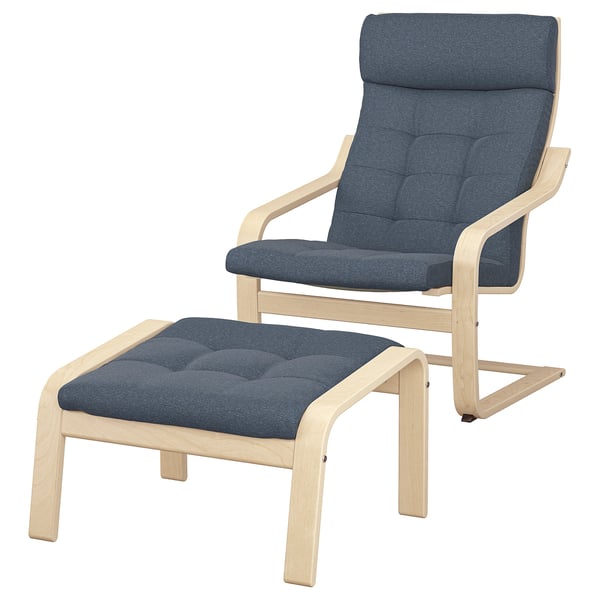 POÄNG Sillón y reposapiés, chapa de abedul/Gunnared azul