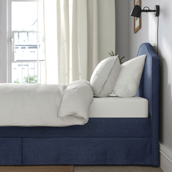 RAMNEFJÄLL Base de cama tapizada, Kilanda azul oscuro, Tamaño twin