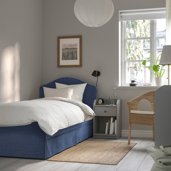 RAMNEFJÄLL Base de cama tapizada, Kilanda azul oscuro, Tamaño twin