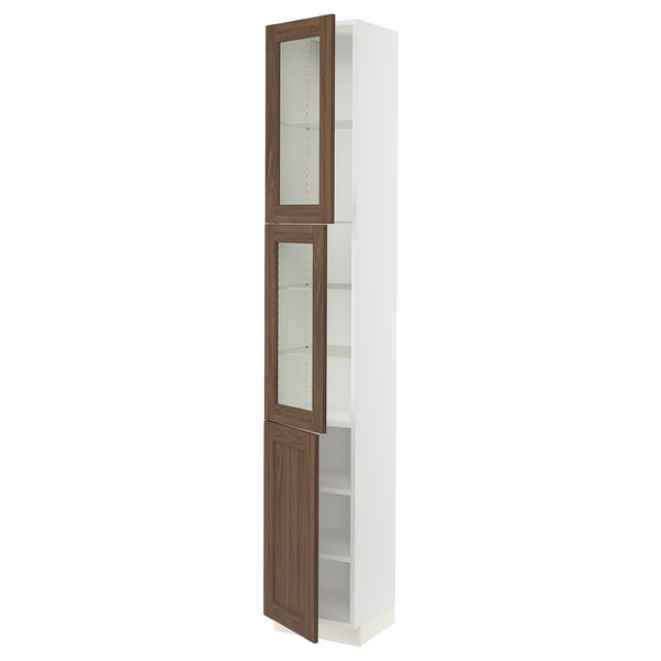 SEKTION Gabinete alto+2 puertas vidrio/1 pt, blanco Enköping/marrón efecto de nogal, 15x15x90 "