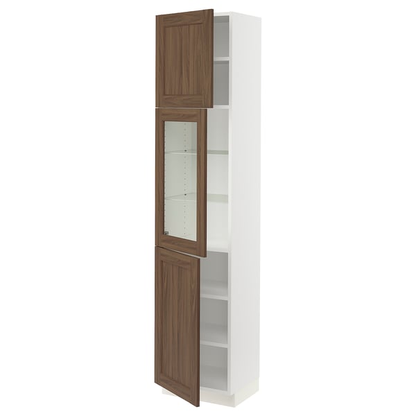 SEKTION Gabinete alto+puerta vidrio/2 prta, blanco Enköping/marrón efecto de nogal, 18x15x80 "