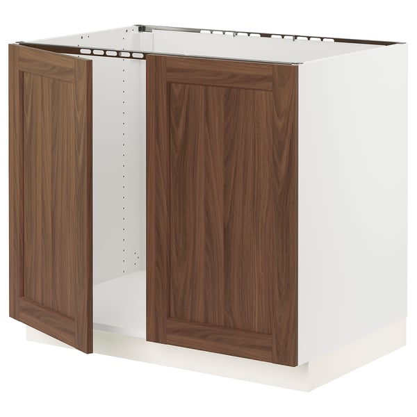 SEKTION Gabinete bajo fregadero+2 puertas, blanco Enköping/marrón efecto de nogal, 36x24x30 "