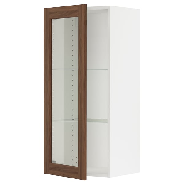 SEKTION Gabinete de pared+puerta de vidrio, blanco Enköping/marrón efecto de nogal, 18x15x40 "