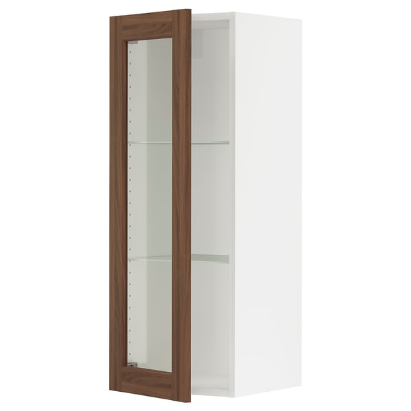 SEKTION Gabinete de pared+puerta de vidrio, blanco Enköping/marrón efecto de nogal, 15x15x40 "
