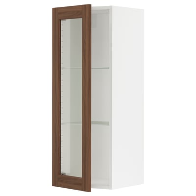 SEKTION Gabinete de pared+puerta de vidrio, blanco Enköping/marrón efecto de nogal, 15x15x40 "