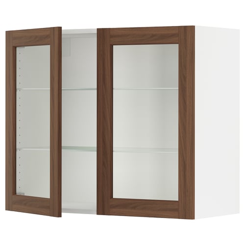 SEKTION Gabinete pared+2 puertas de vidrio, blanco Enköping/marrón efecto de nogal, 36x15x30 "