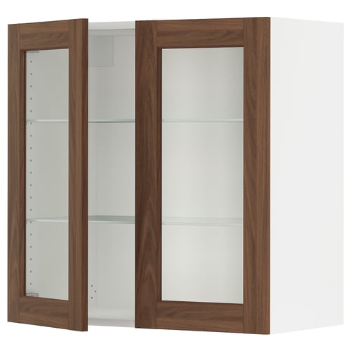 SEKTION Gabinete pared+2 puertas de vidrio, blanco Enköping/marrón efecto de nogal, 30x15x30 "