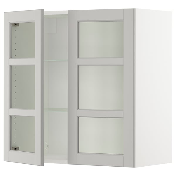 SEKTION Gabinete pared+2 puertas de vidrio, blanco/Lerhyttan gris claro, 30x15x30 "