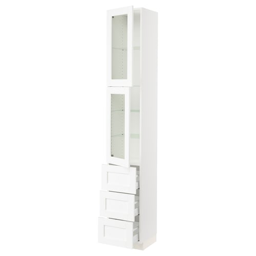 SEKTION / MAXIMERA Gabinete alto+2 puertas vidrio/3 cj, blanco Enköping/blanco efecto madera, 15x15x90 "