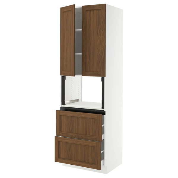 SEKTION / MAXIMERA Gabinete alto micro+2cajones/2prta, blanco Enköping/marrón efecto de nogal, 30x24x90 "