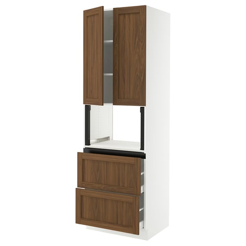 SEKTION / MAXIMERA Gabinete alto micro+2cajones/2prta, blanco Enköping/marrón efecto de nogal, 30x24x90 "