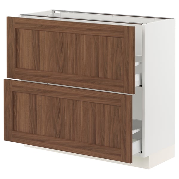 SEKTION / MAXIMERA Gabinete bajo+2 cajones, blanco Enköping/marrón efecto de nogal, 36x15x30 "