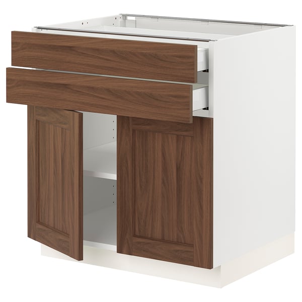 SEKTION / MAXIMERA Gabinete bajo+2 puertas/2 cajones, blanco Enköping/marrón efecto de nogal, 30x24x30 "