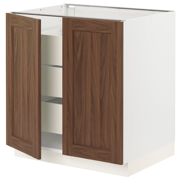SEKTION / MAXIMERA Gabinete bajo+2 puertas/3 cajones, blanco Enköping/marrón efecto de nogal, 30x24x30 "